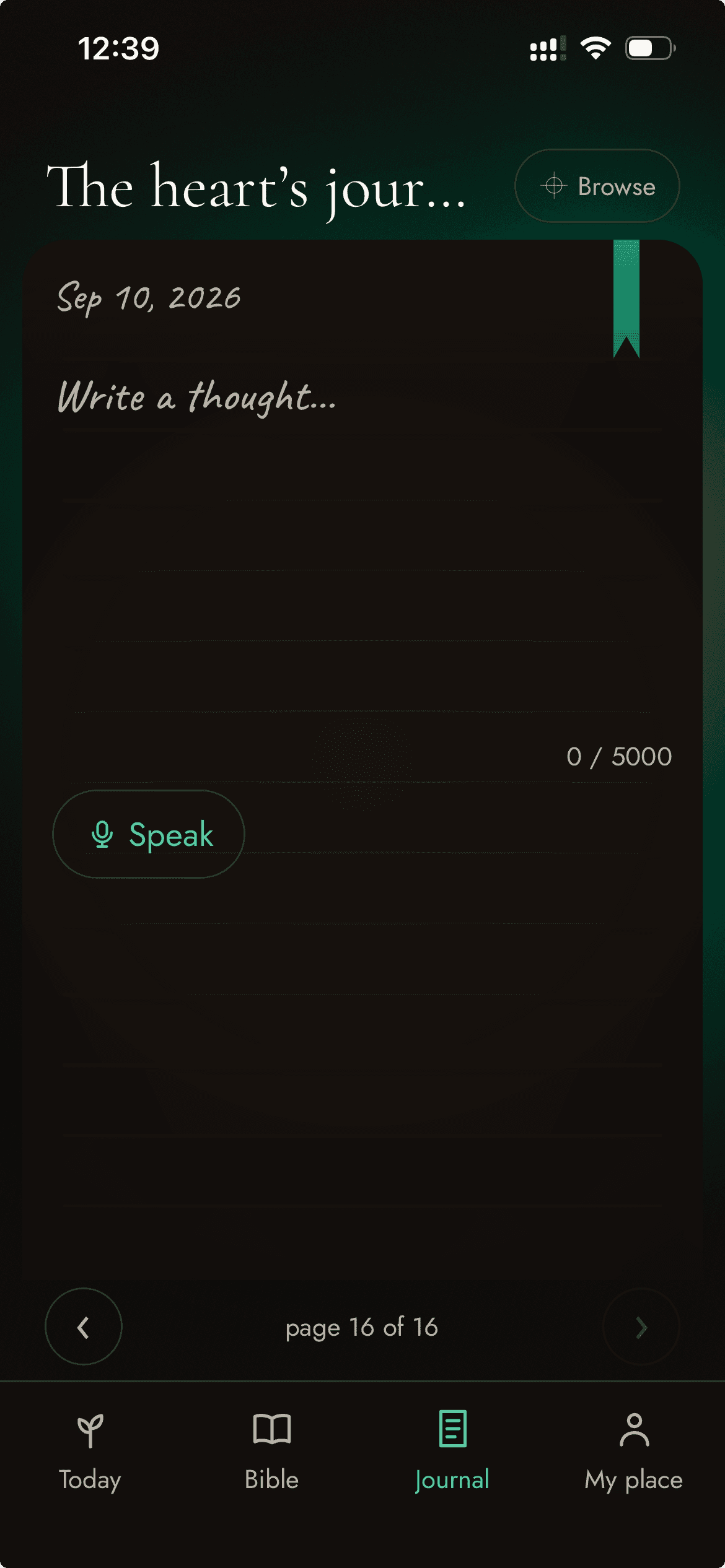 The journal screen with a private daily reflection